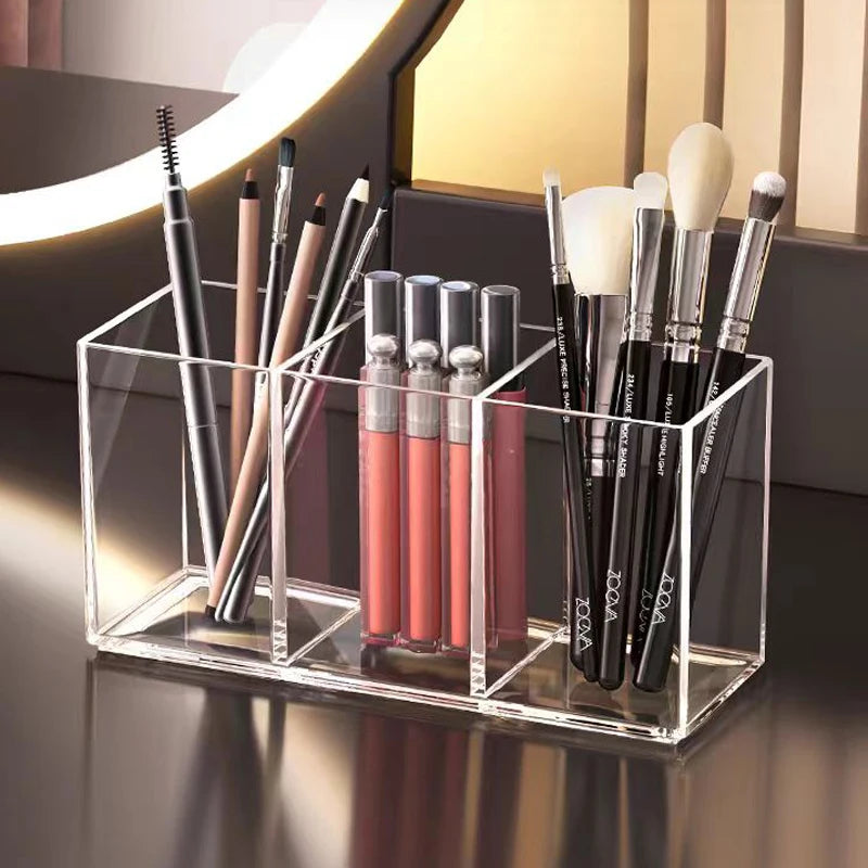 Transparent Makeup Brush Organizer, Makeup Storage Tray, Bathroom Drawer Makeup Organizer, 3 Slot Acrylic Makeup Brush Organizer