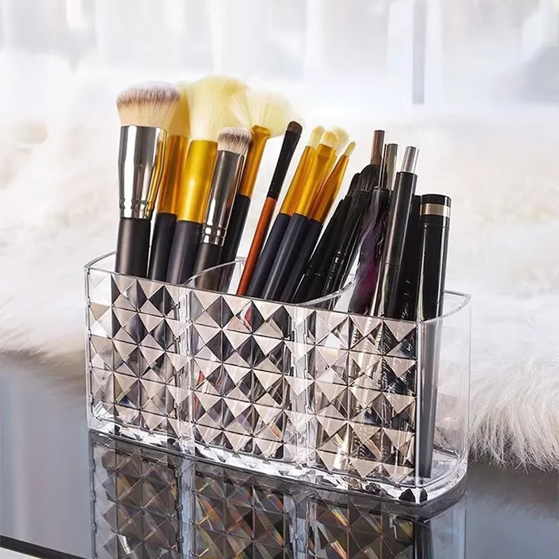 Drill pattern three compartments makeup brush organizer acrylic transparent pencil holder desktop eyebrow pencil lipstick storag