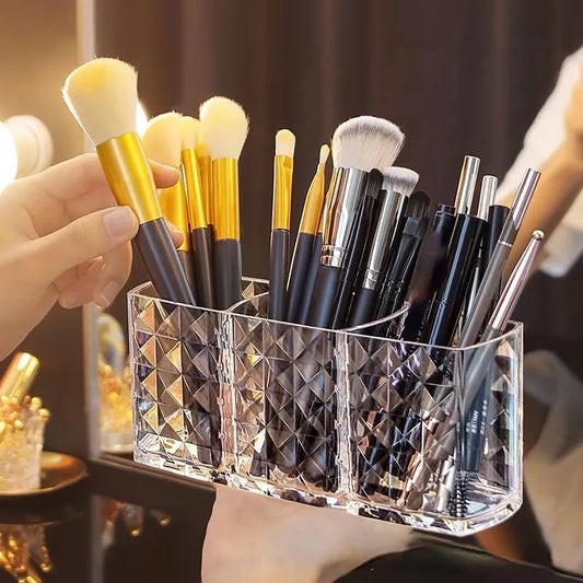 Drill pattern three compartments makeup brush organizer acrylic transparent pencil holder desktop eyebrow pencil lipstick storag